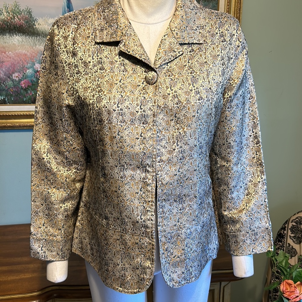 Chico's Lightweight Metallic Gold & Blue Top Button Blazer Jacket